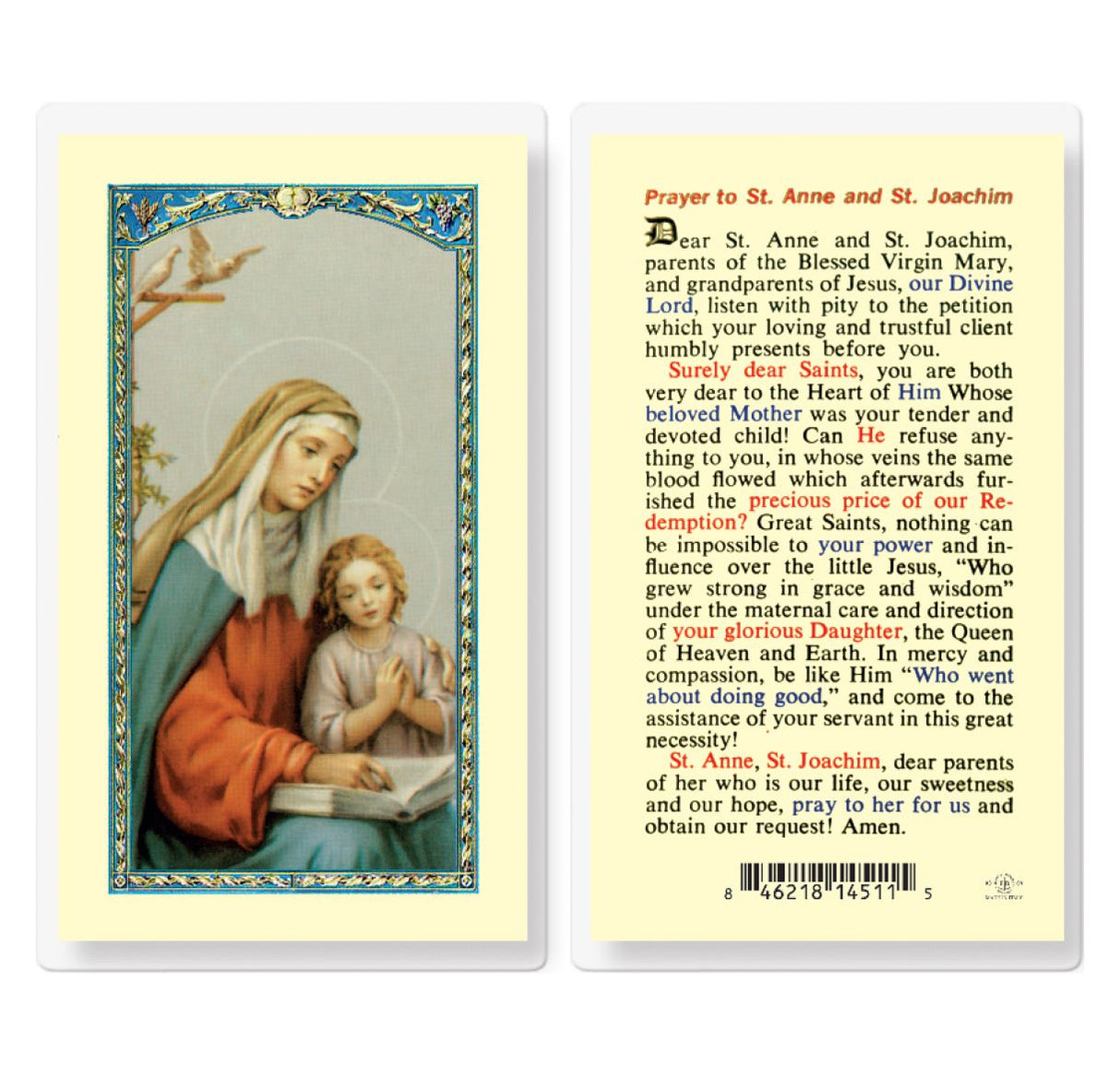 Prayer To St. Anne and Joaquin Laminated Prayer Card