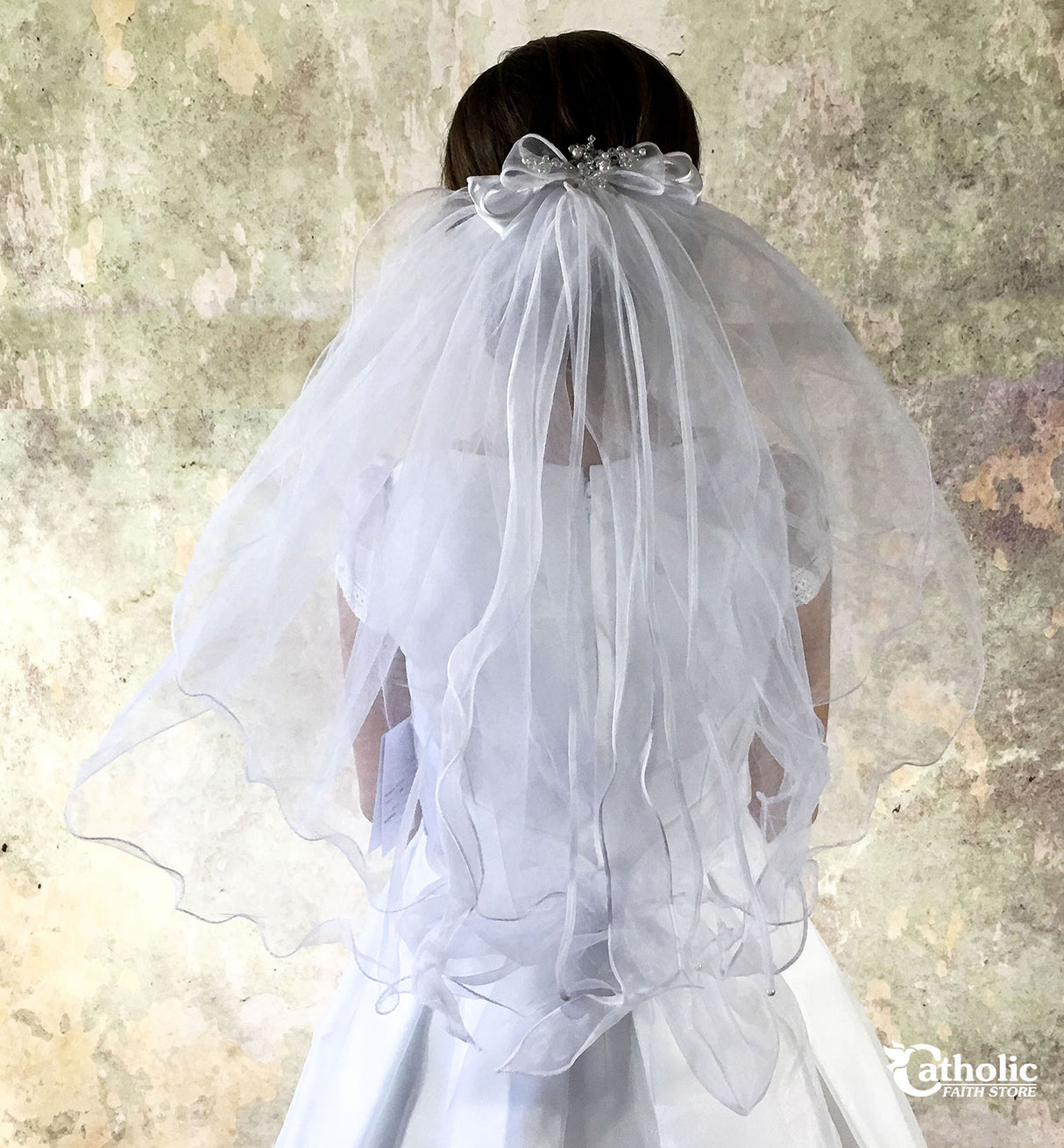 First Communion Hair Clip with Veil and Flower Cluster