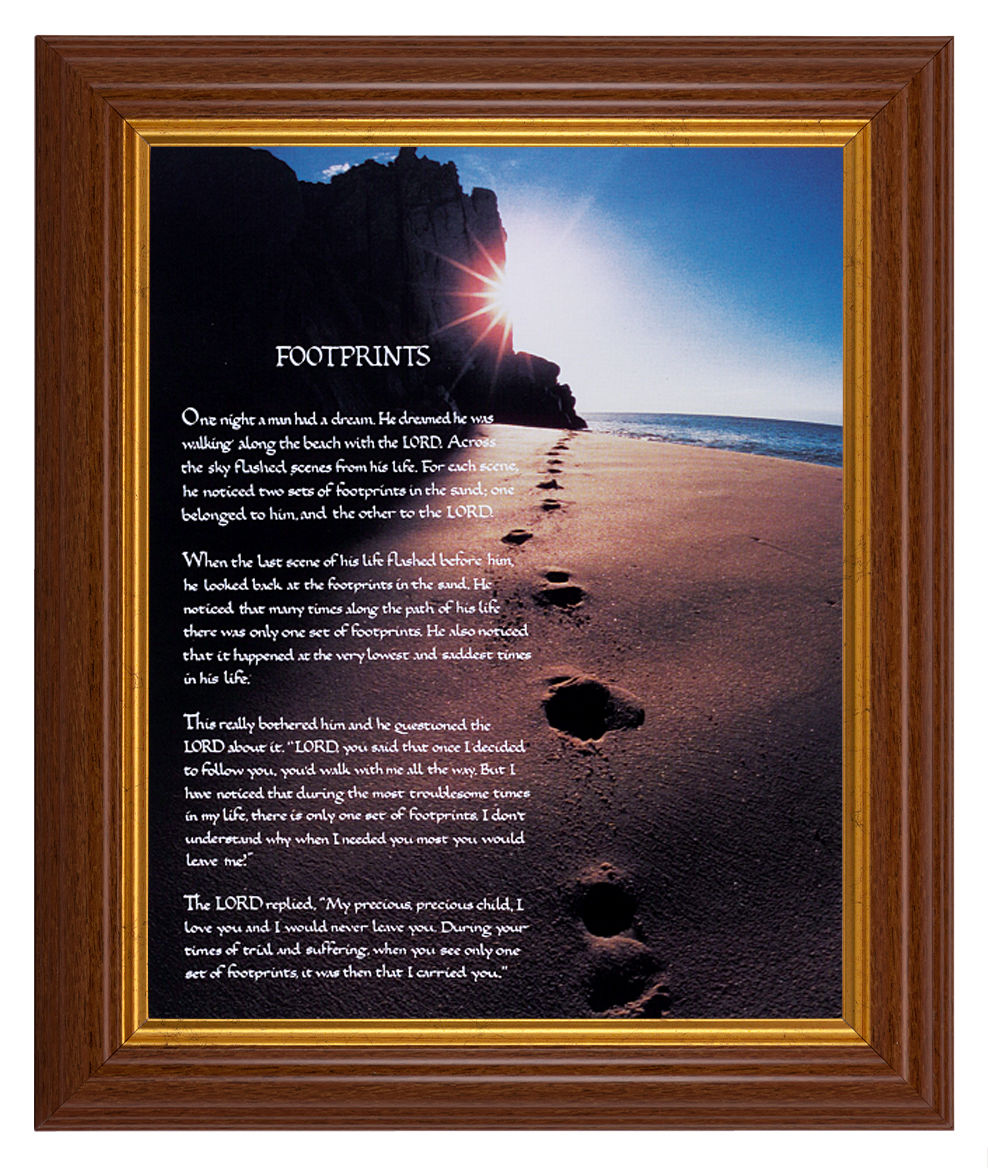 Footprints In the Sand Poem 8x10 Textured Artboard Dark Walnut Frame