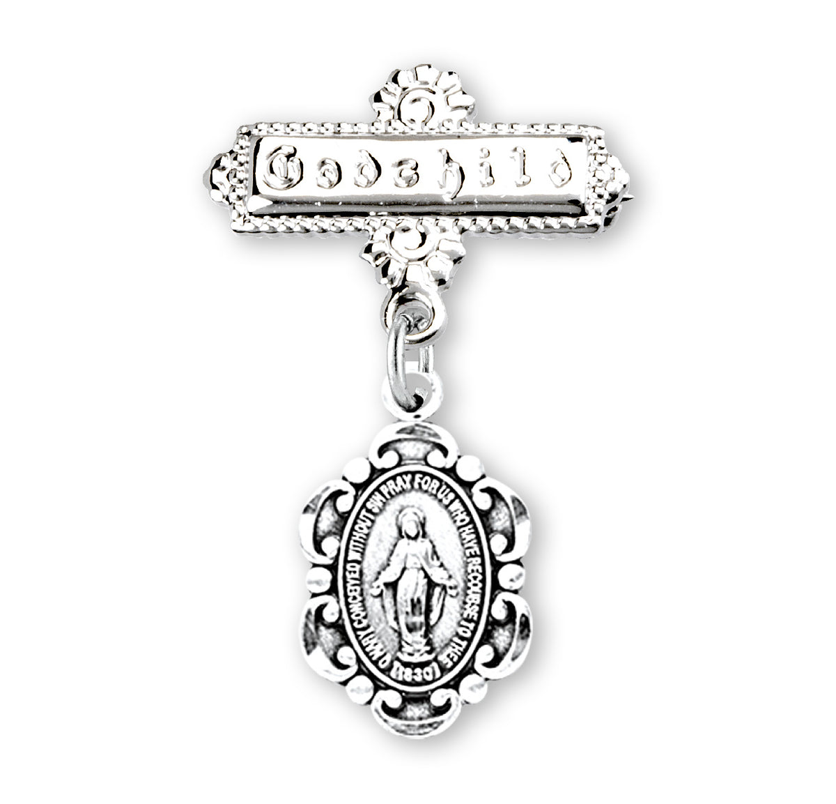 Fancy Edge Miraculous Medal Godchild Pin, Sterling Silver