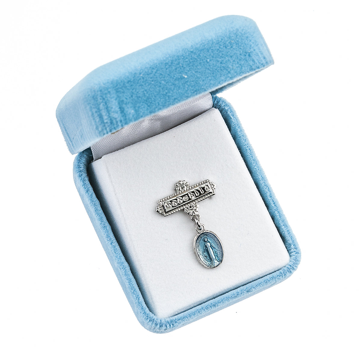 Blue Enameled Baby Miraculous Medal Godchild Pin, Sterling Silver