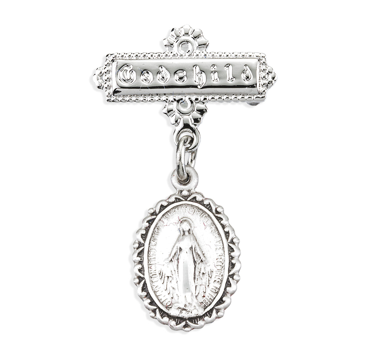 Oval Fancy Edge Baby Miraculous Medal Godchild Pin, Sterling Silver