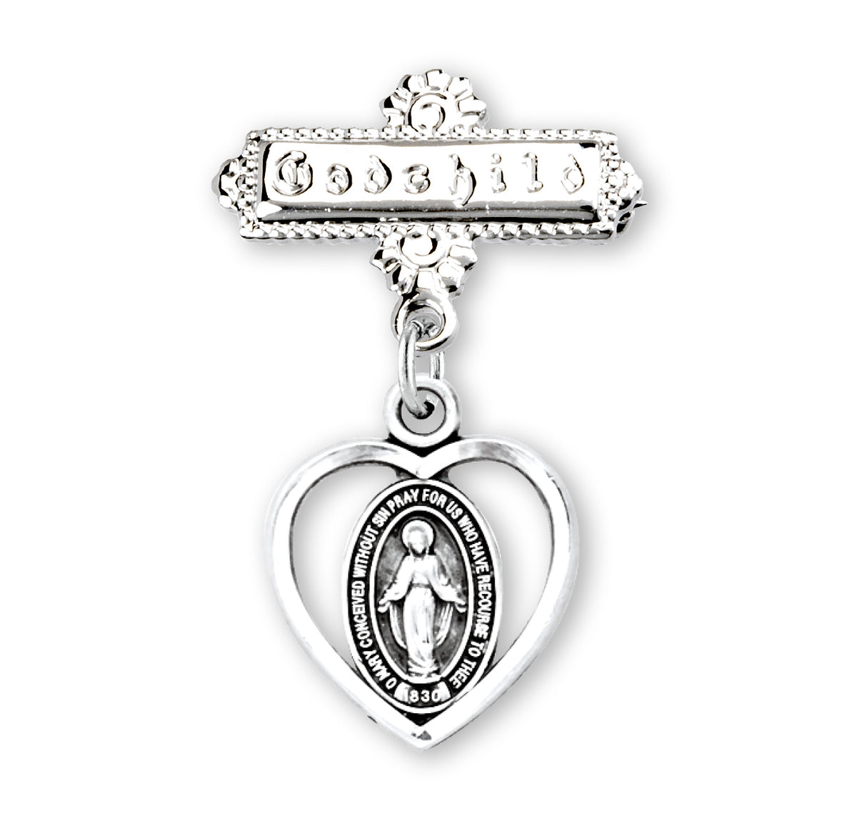 Pierced Heart Baby Miraculous Medal Godchild Pin, Sterling Silver