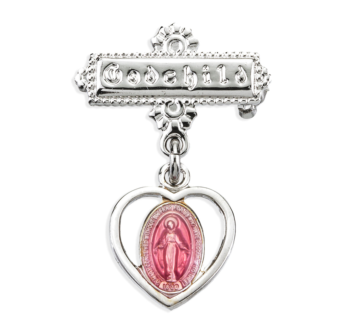 Pink Pierced Heart Baby Miraculous Medal Godchild Pin, Sterling Silver
