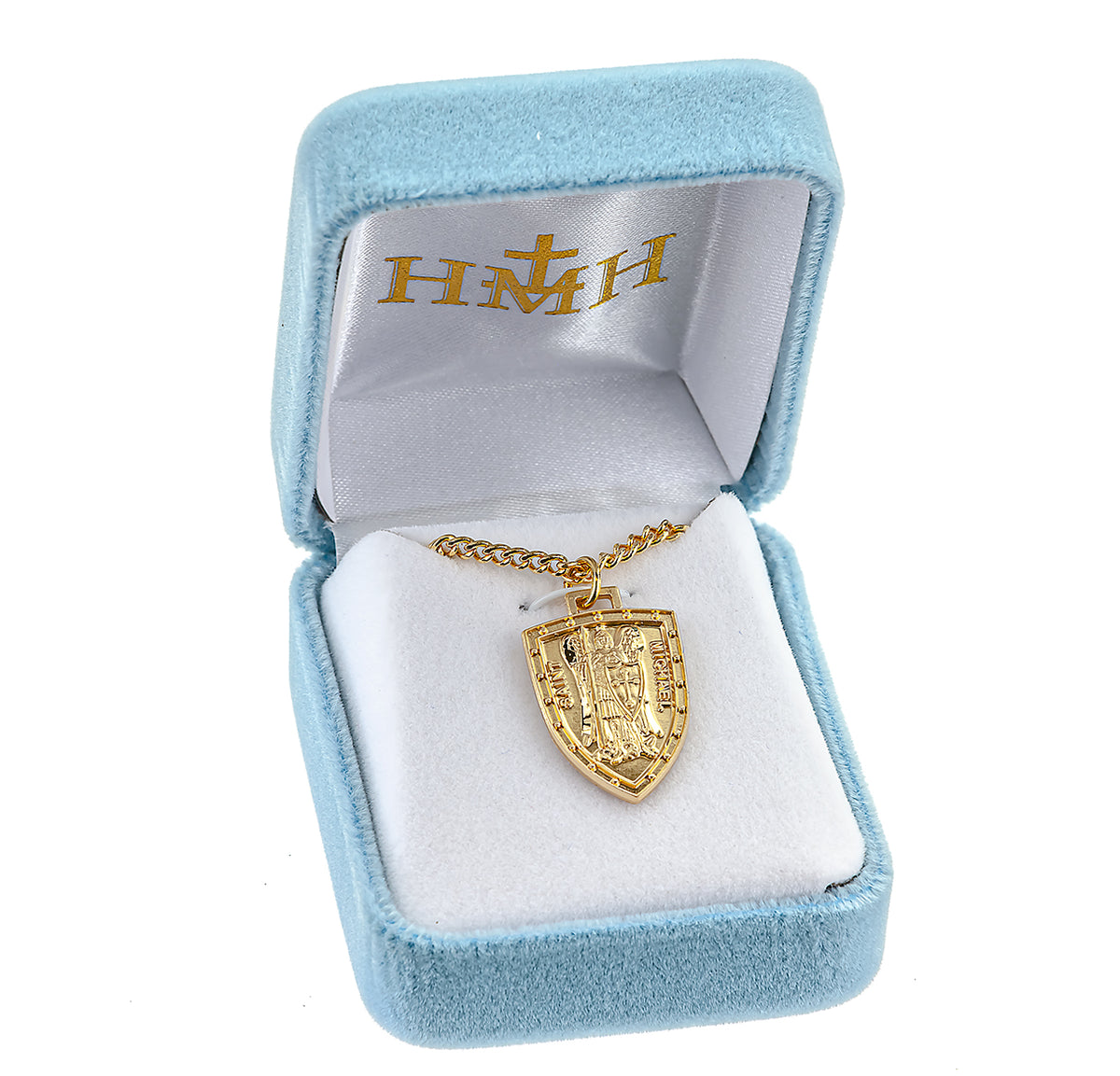 Medium Arched Saint Michael Shield Medal Necklace, Gold Over Sterling Silver