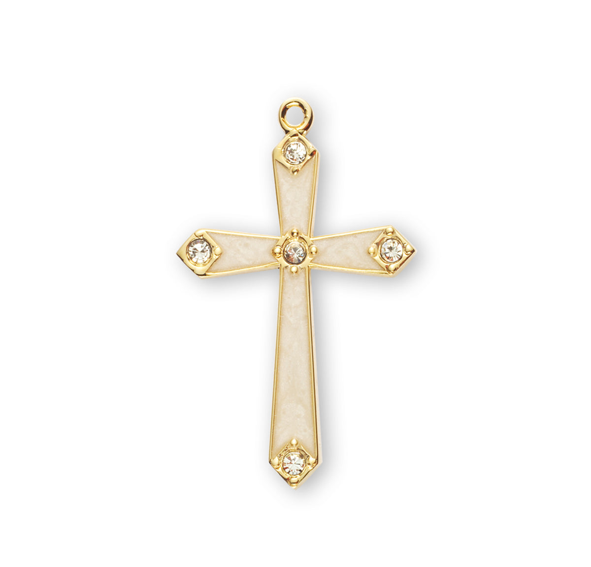 Pearl Enameled Cross Necklace with Five Crystals, Gold Over Sterling Silver