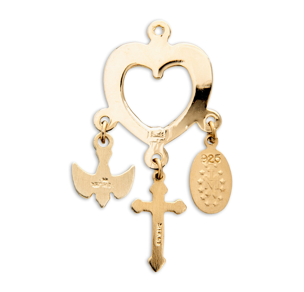 Heart Crucifix Necklace with Miraculous Medal and Holy Spirit Charms, Gold Over Sterling Silver