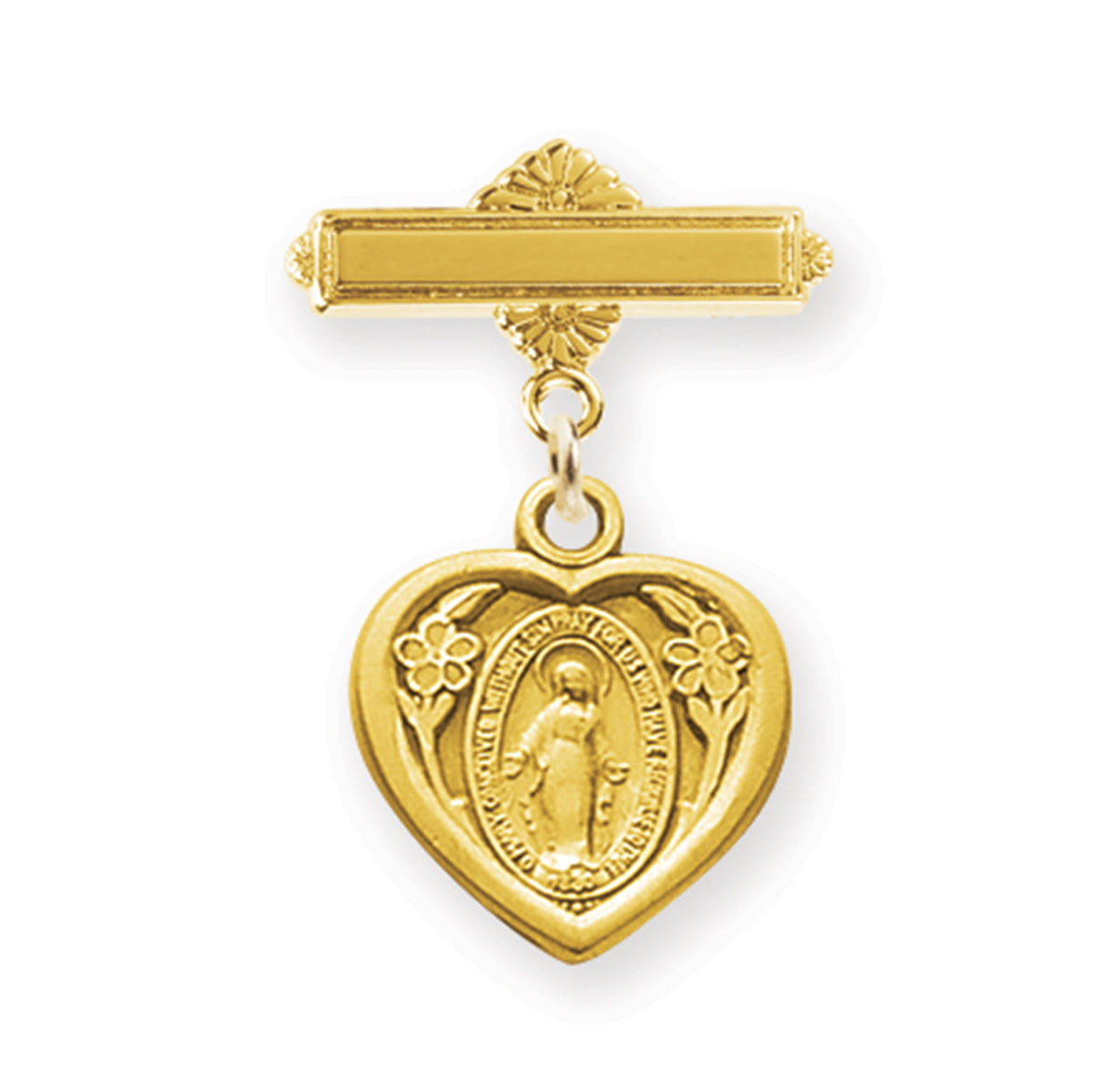 Heart Baby Miraculous Medal Bar Pin, Gold Over Sterling Silver