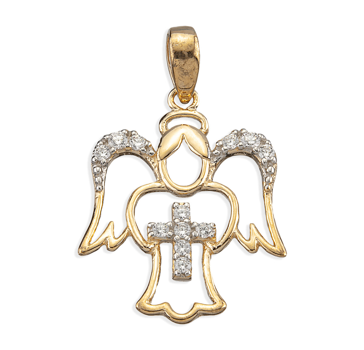 Guardian Angel Cross Necklace with Cubic Zirconia Accents, Gold Over Sterling Silver