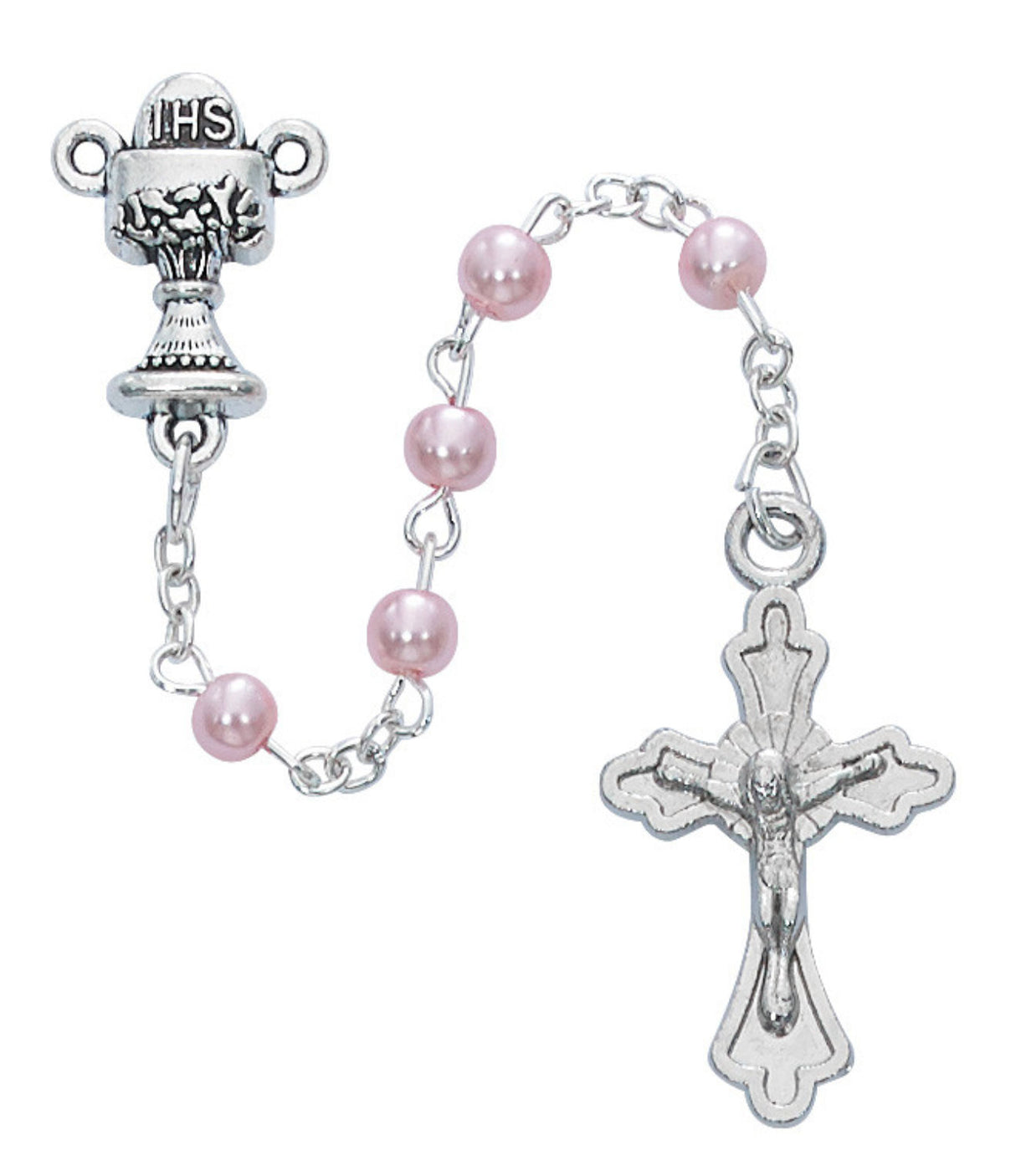 Girls Pink Bead First Communion Rosary with Cross Box