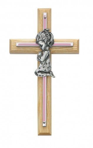 Girl Cross - Oak Wood with Brass and Pink Accent