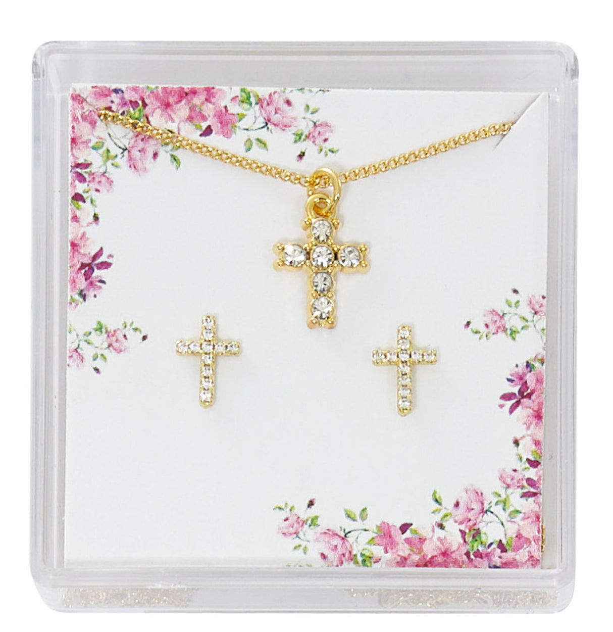 Girls Gold Plated Crystal Cross Earring Pendant Set