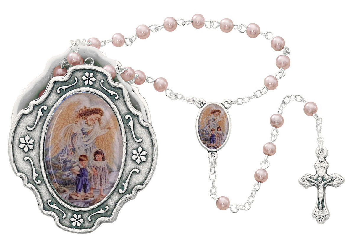 Guardian Angel Pink Rosary with Rosary Box for Girls