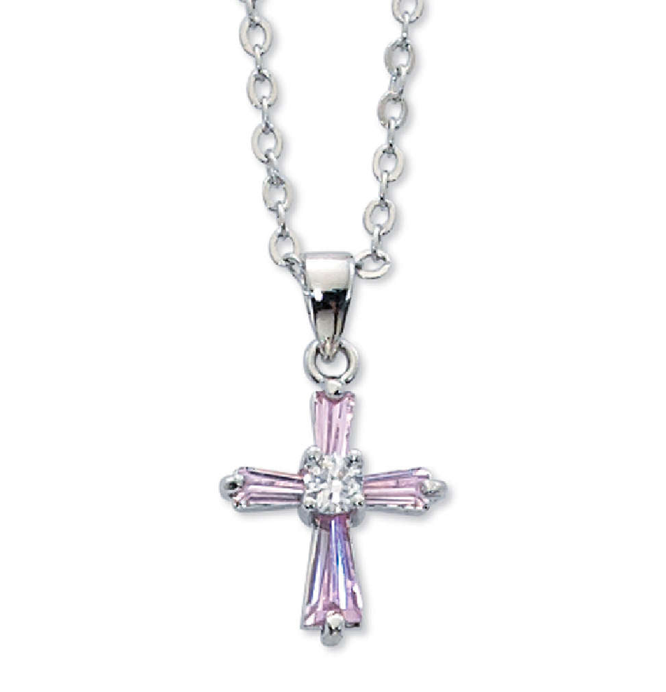 Pink Cubic Zirconia Cross Necklace for Girls