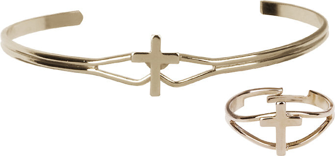 Cross Bracelet and Ring Set Silver or Gold Plated for Girls