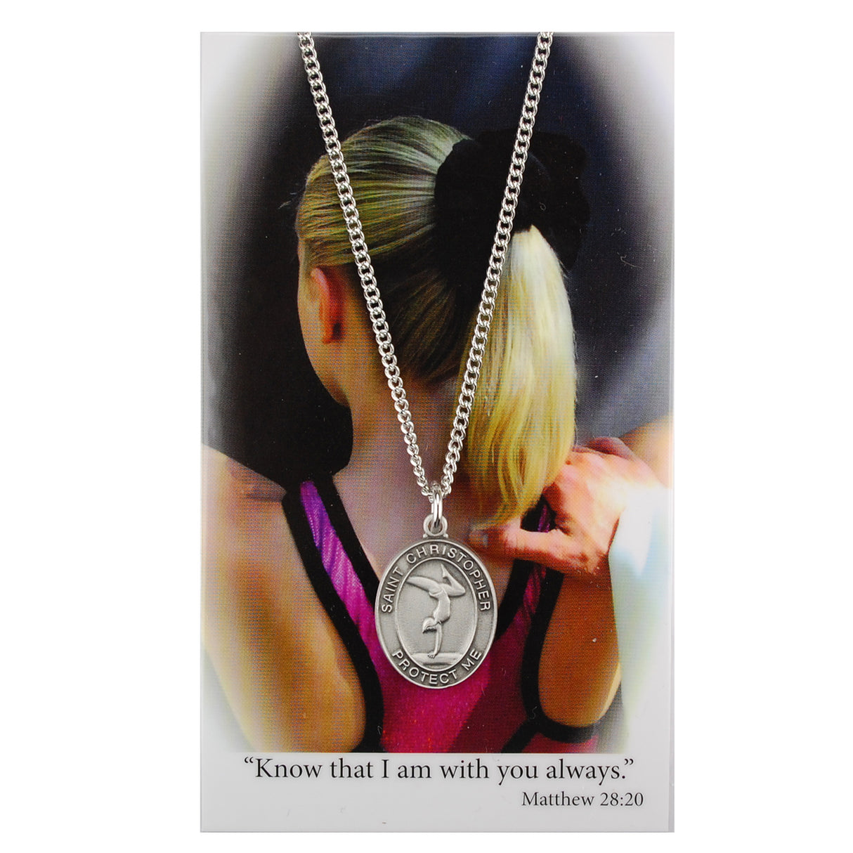 St. Christopher Gymnastics Medal Necklace and Prayer Card for Girls