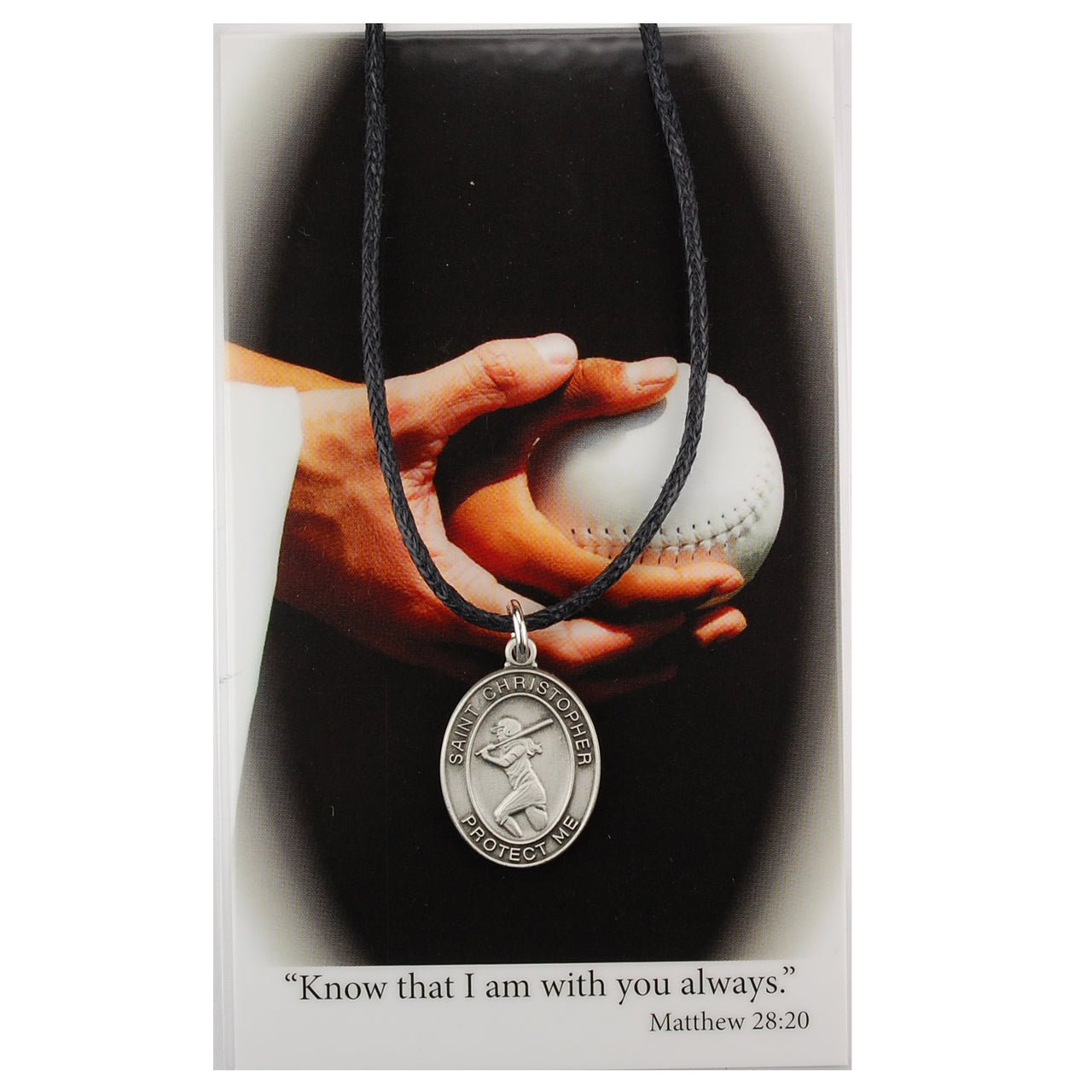 St. Christopher Softball Medal Leather Cord Necklace and Prayer Card for Girls