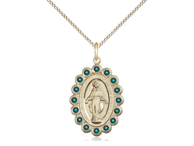 Green Crystal Stone Border Miraculous Medal Necklace