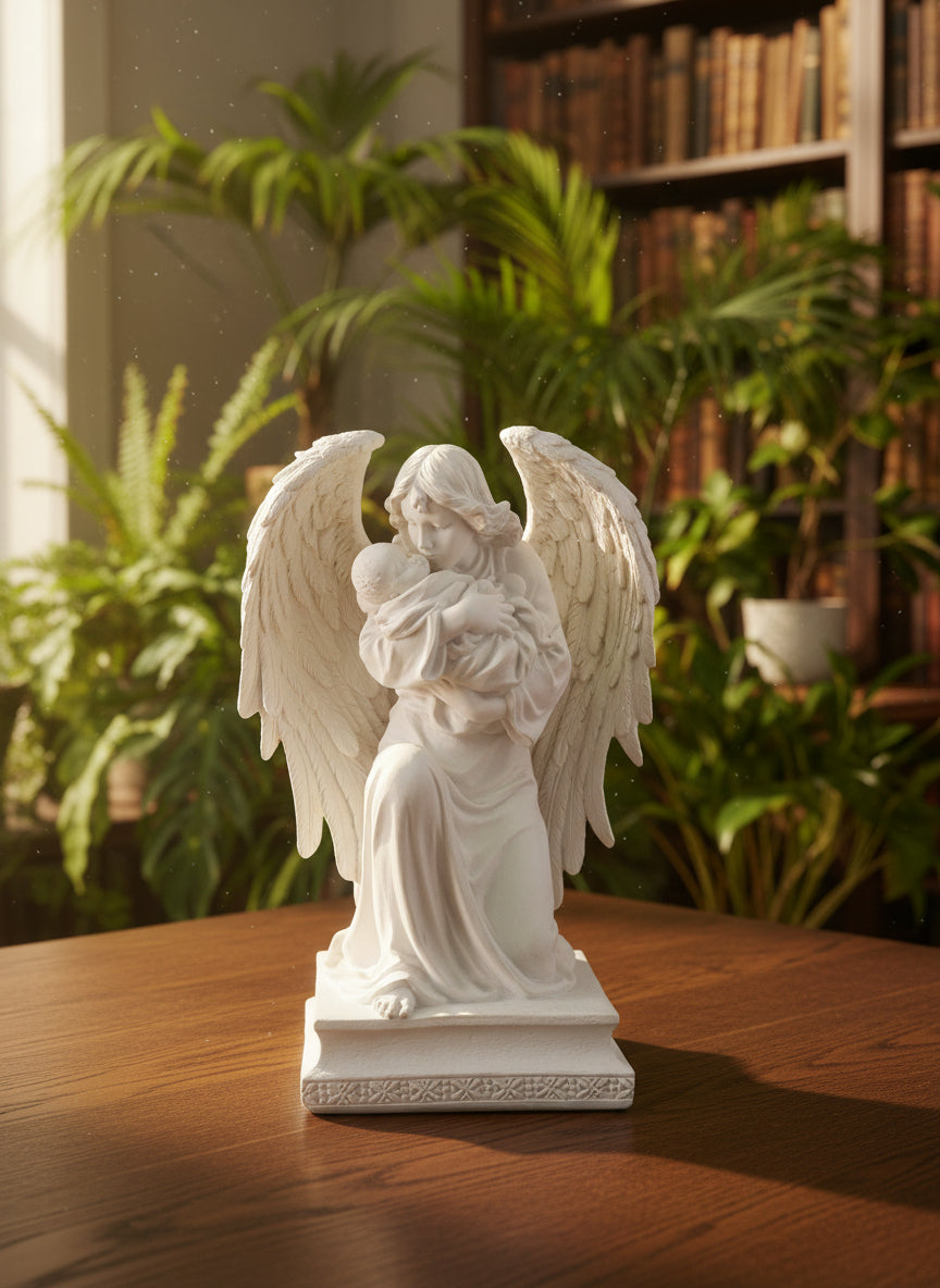 White angel statue holding a child on a white background