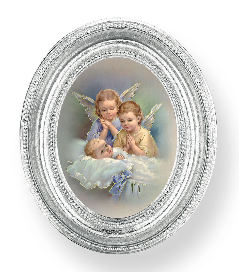 Guardian Angels with Baby Small 4.5 Inch Oval Framed Print