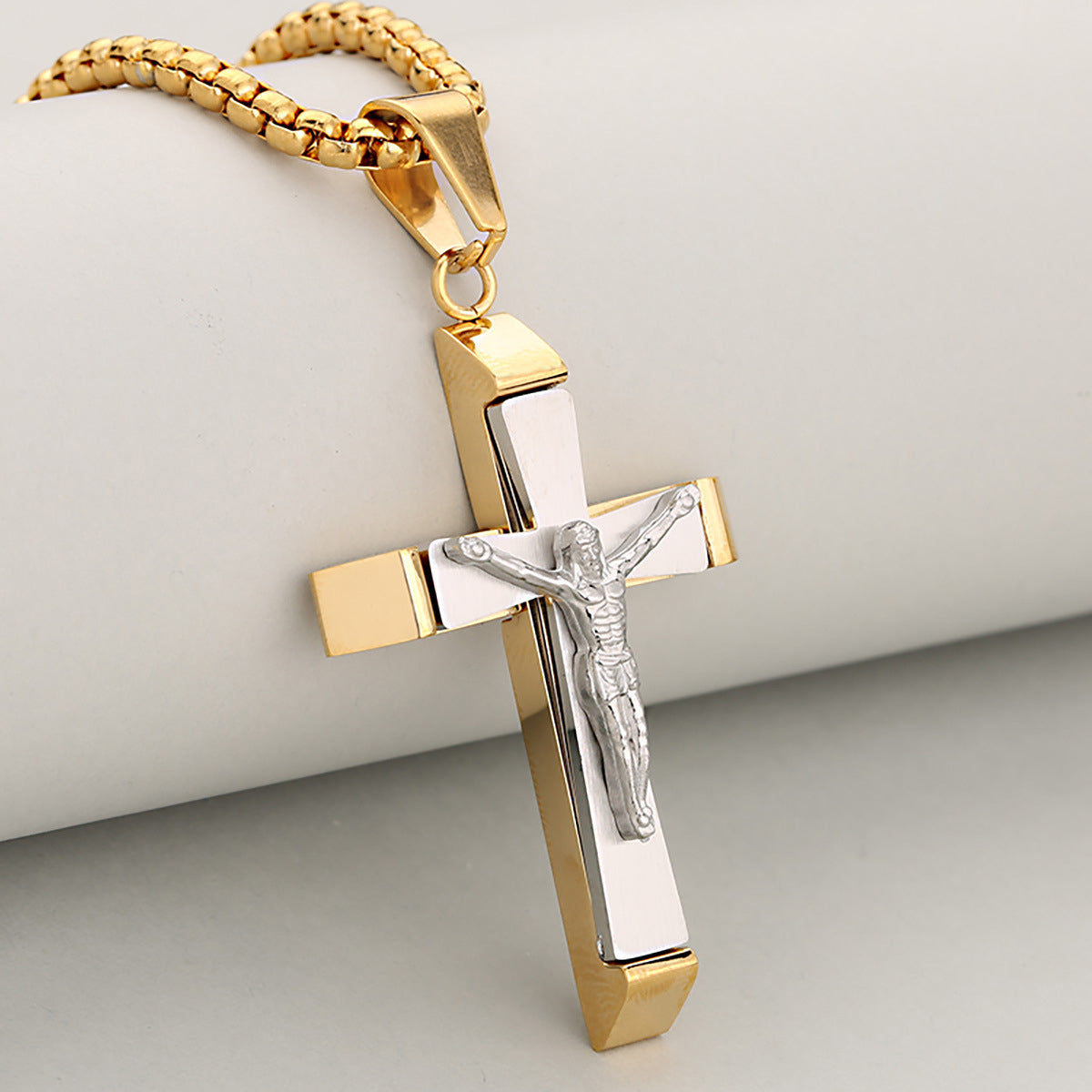 18K Gold Plated Two-Tone Titanium Steel Crucifix Necklace