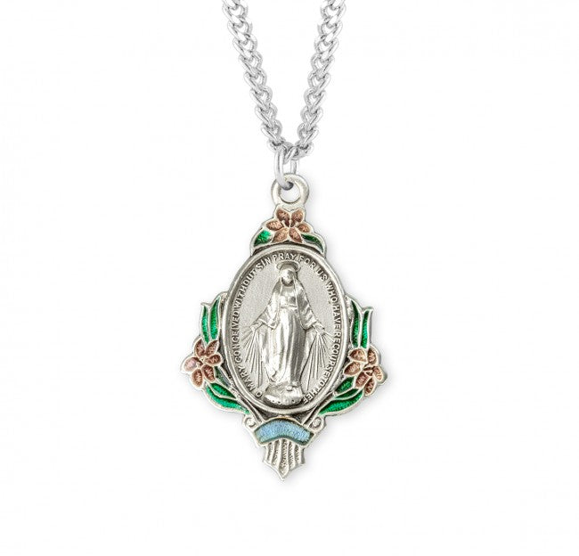 Hand-Painted Enamel Floral Accent Miraculous Medal
