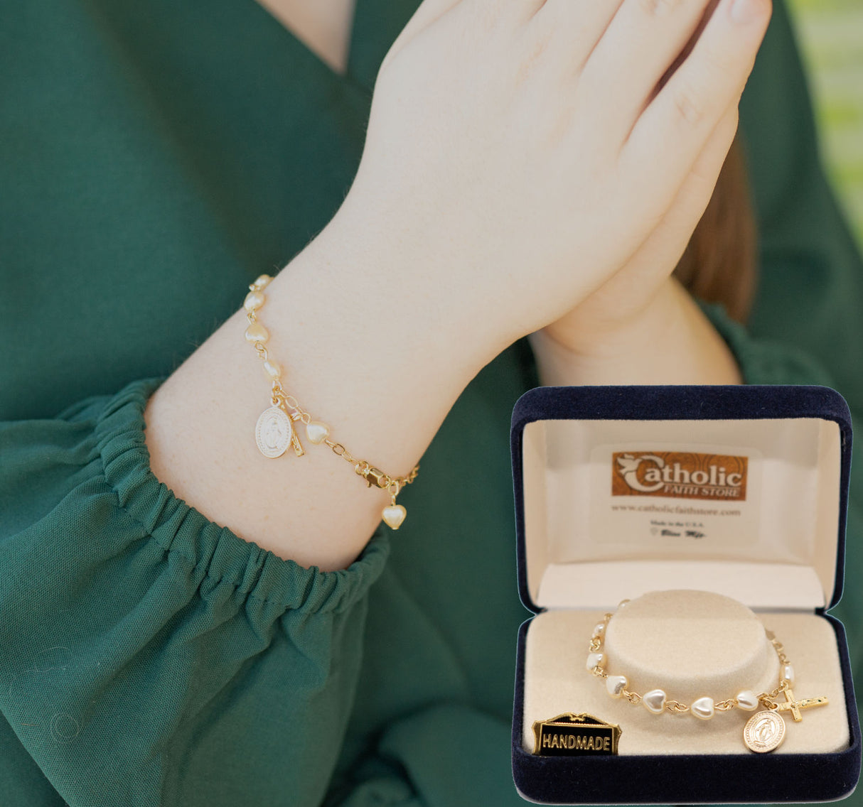 Heart Bracelet with Miraculous and Crucifix Charms