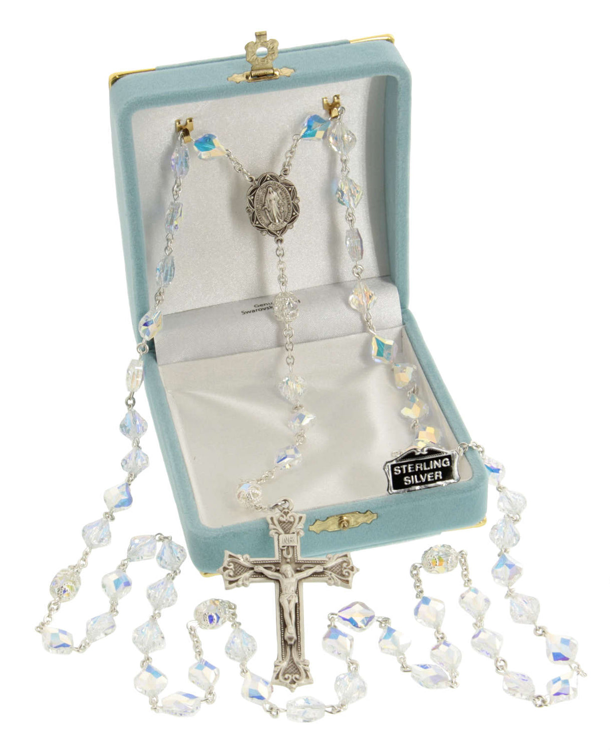 Heirloom Sterling Silver Miraculous Rosary with 10mm Swarovski Crystal Beads