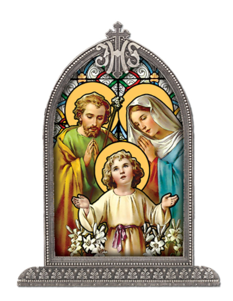 Holy Family Glass Art in Arched Frame