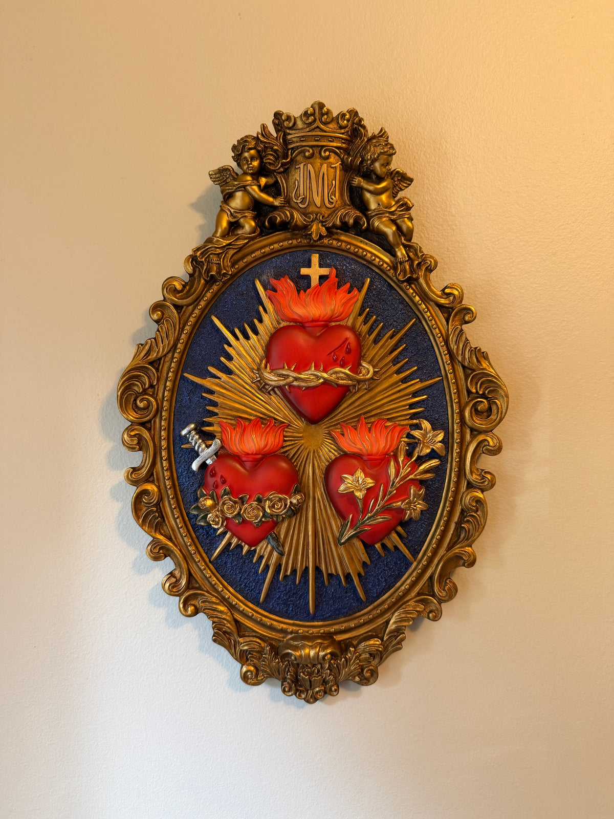 Three Hearts Wall Plaque, 9 x 14 Inch, Hand-Painted