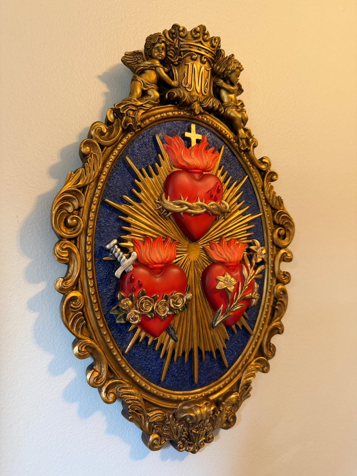 Three Hearts Wall Plaque, 9 x 14 Inch, Hand-Painted