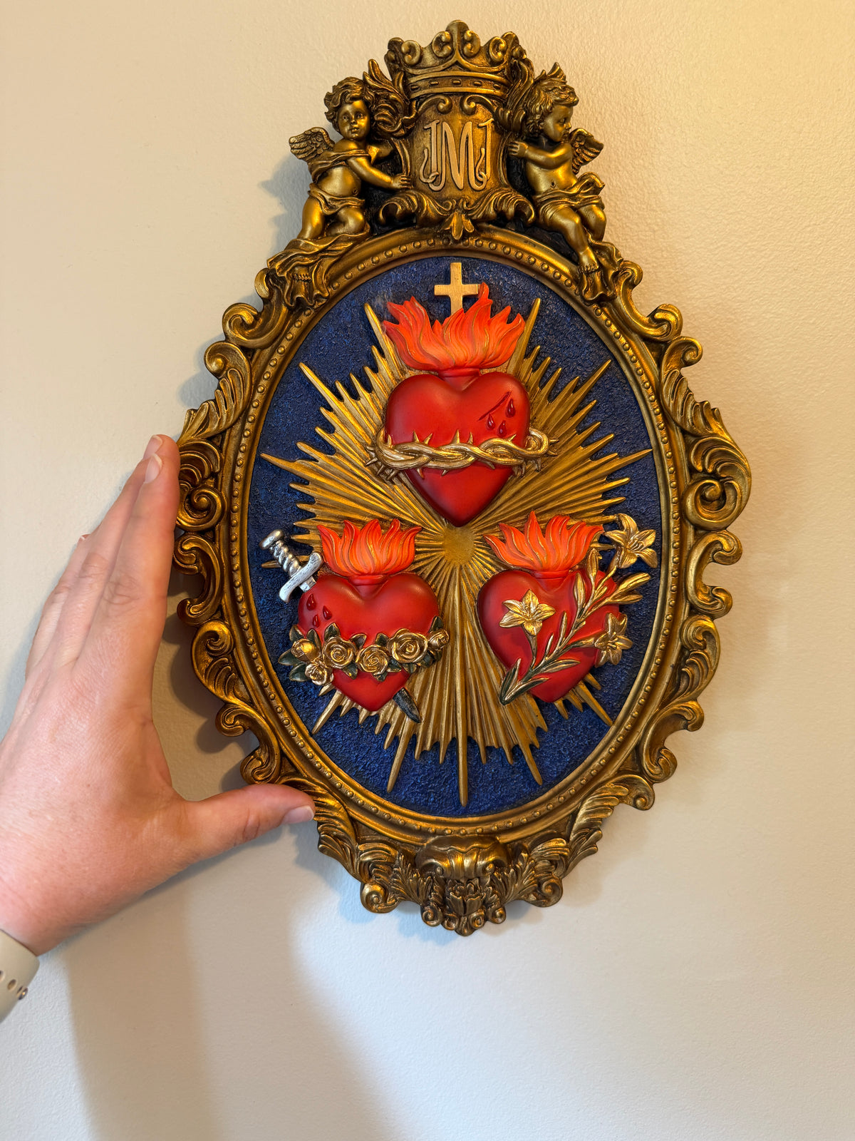 Three Hearts Wall Plaque, 9 x 14 Inch, Hand-Painted