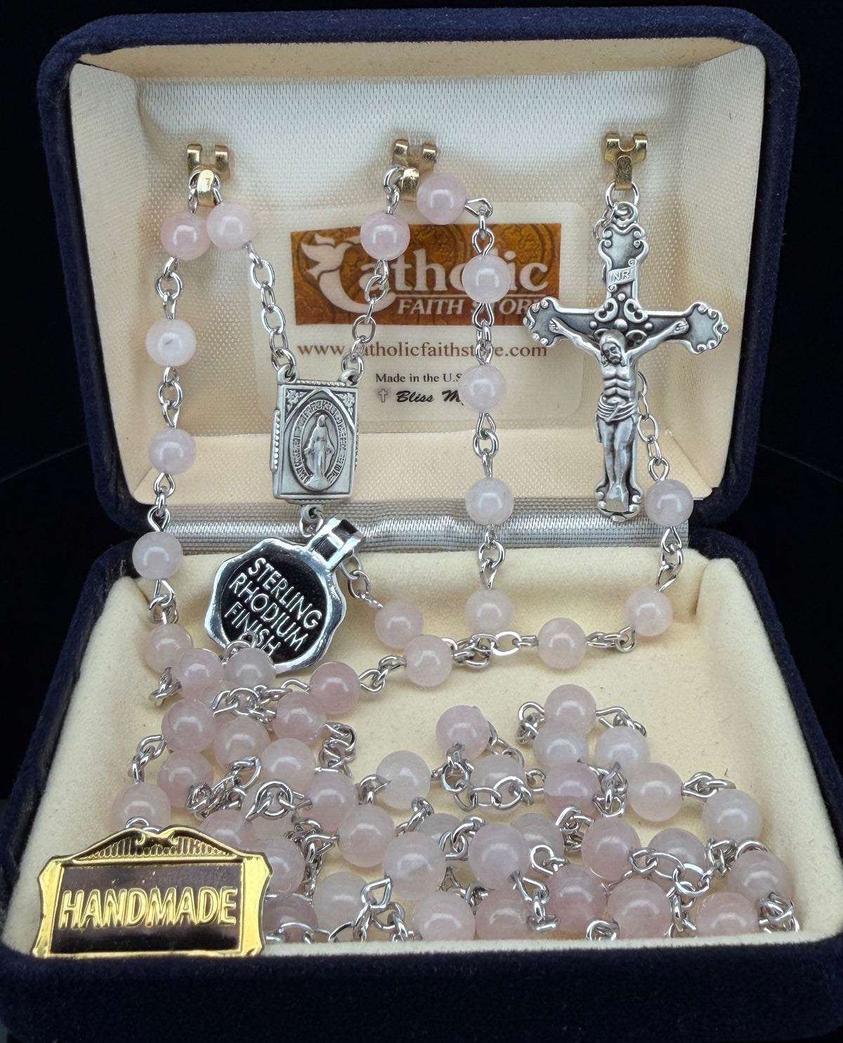 Pink Semi-Precious Bead Rosary with Sterling Silver Square Miraculous Medal