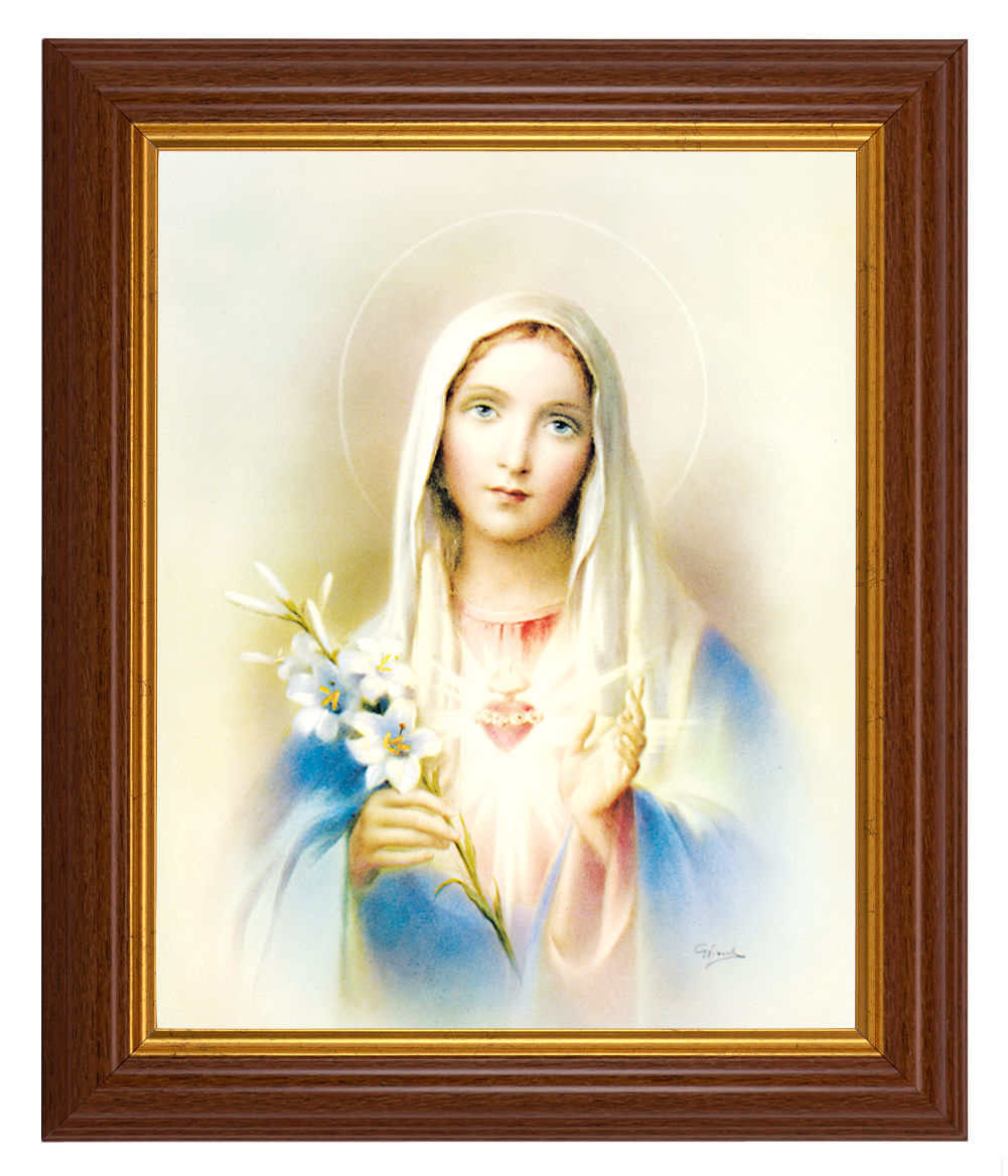 Immaculate Heart of Mary w Lily 8x10 Textured Artboard Dark Walnut Frame