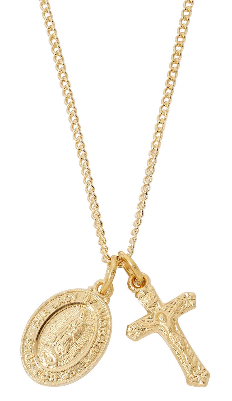Gold over Sterling Crucifix and Guadalupe Medal Necklace