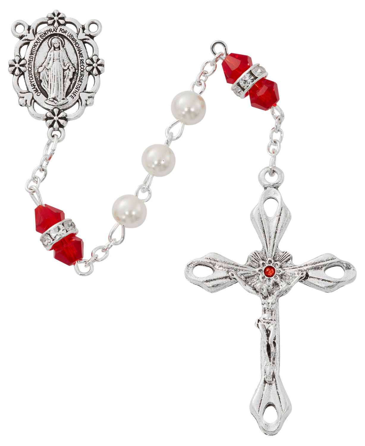 July Birthstone Rosary Ruby Pearl Glass
