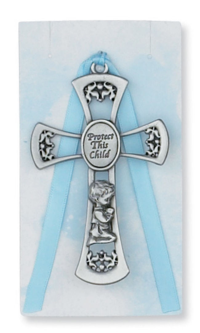 Kneeling Boy Cross Crib Medal, Pewter
