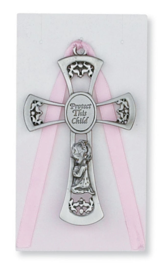 Kneeling Girl Cross Crib Medal, Pewter