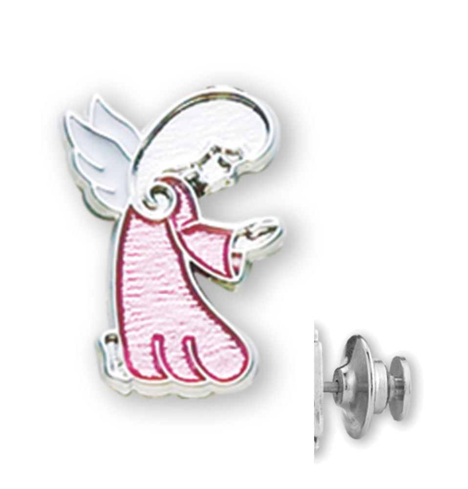 Kneeling Guardian Angel Lapel Pin at Prayer with Pink Enamel