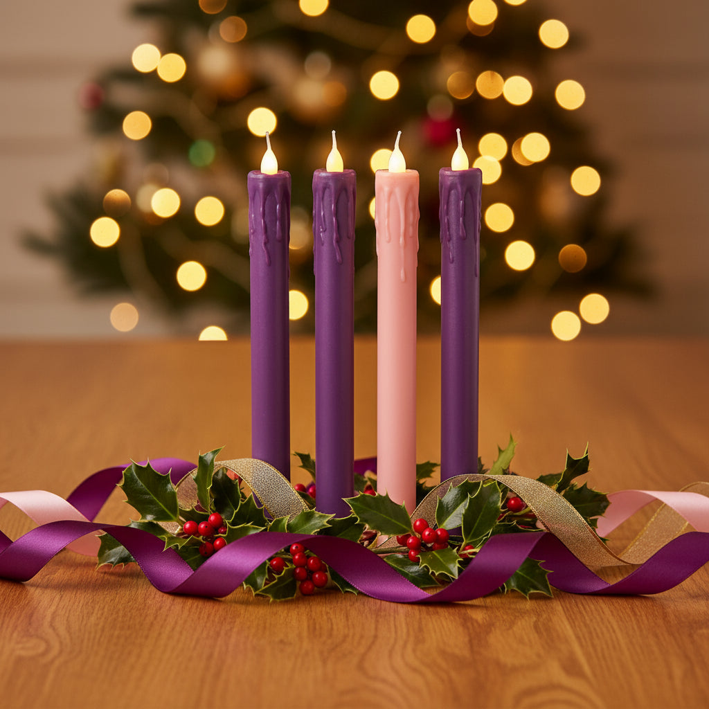 LED Flameless Advent Candle Set – Safe, Battery-Operated Advent Candles (3 Purple, 1 Pink) | 9.25” H | Wax-Coated Realistic Glow