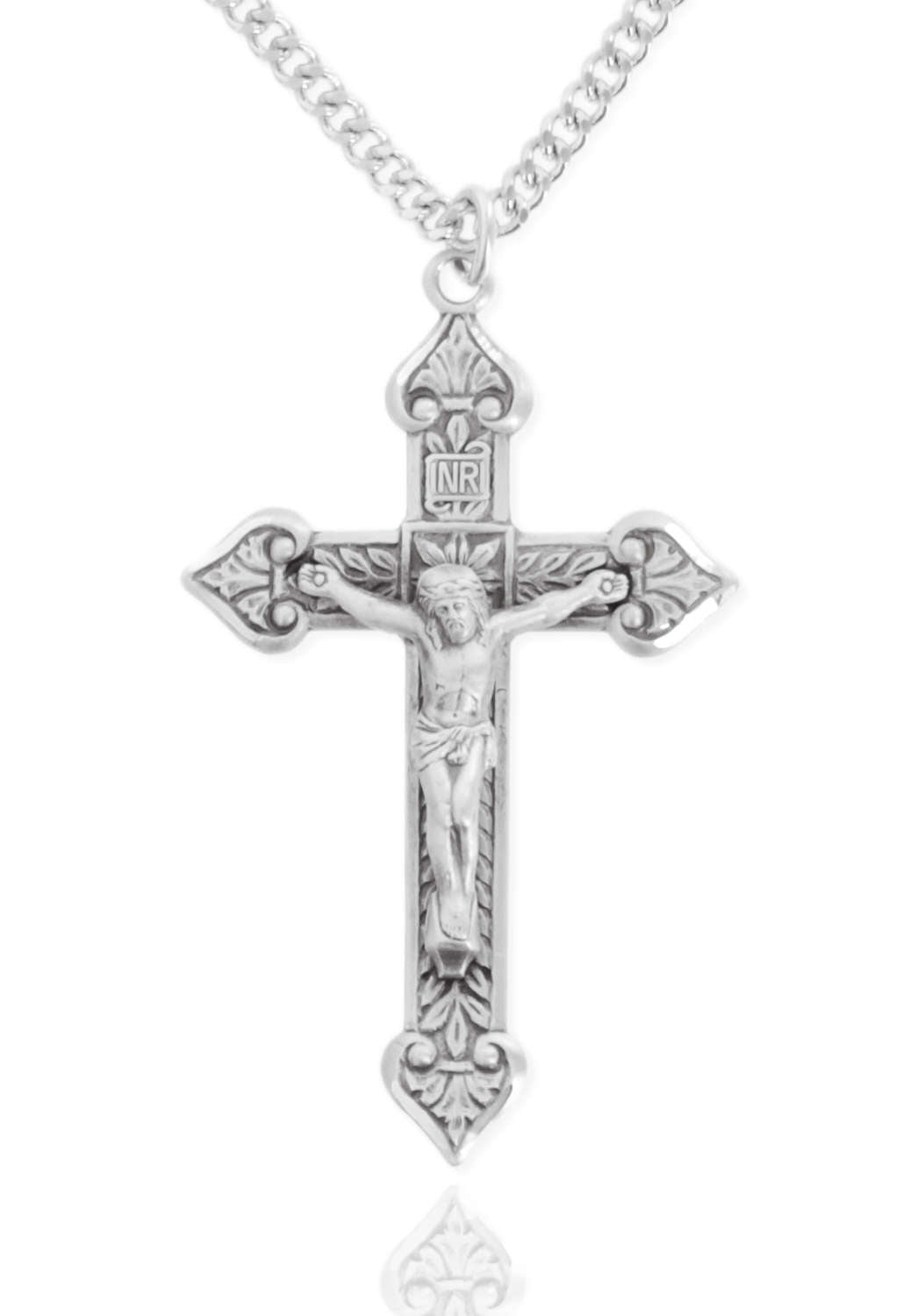 Large Men's Sterling Silver Crucifix Pendant with Crown Tips