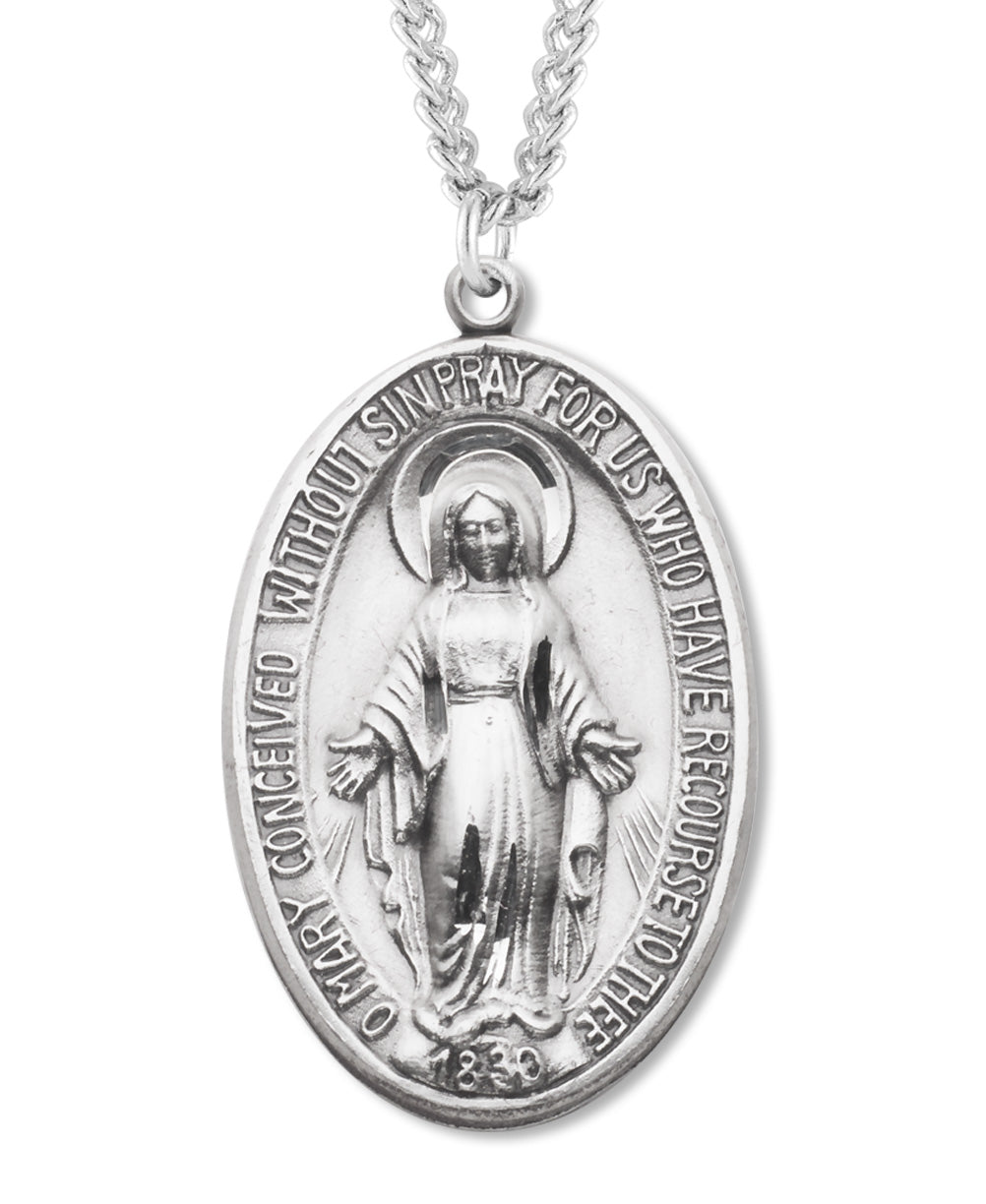 Large Sterling Silver Miraculous Medal with Chain for Women