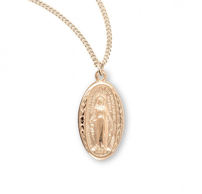 Leaves and Floral Border Oval Miraculous Medal