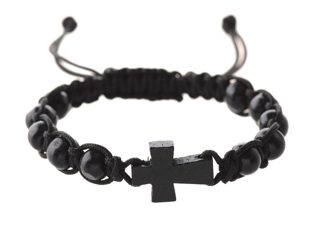 Adjustable Black Wood Bead and Cross Corded Bracelet for Women