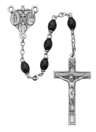 Black Glass Rosary with Miraculous, Sacred Heart, and St. Joseph Centerpiece for Men