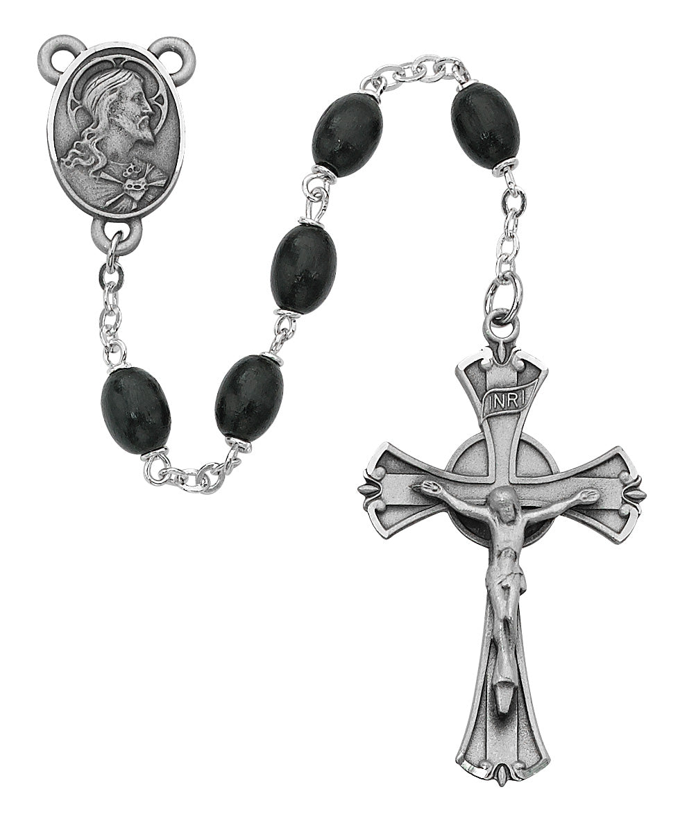 Classic Black Oval Wood Bead Rosary for Men