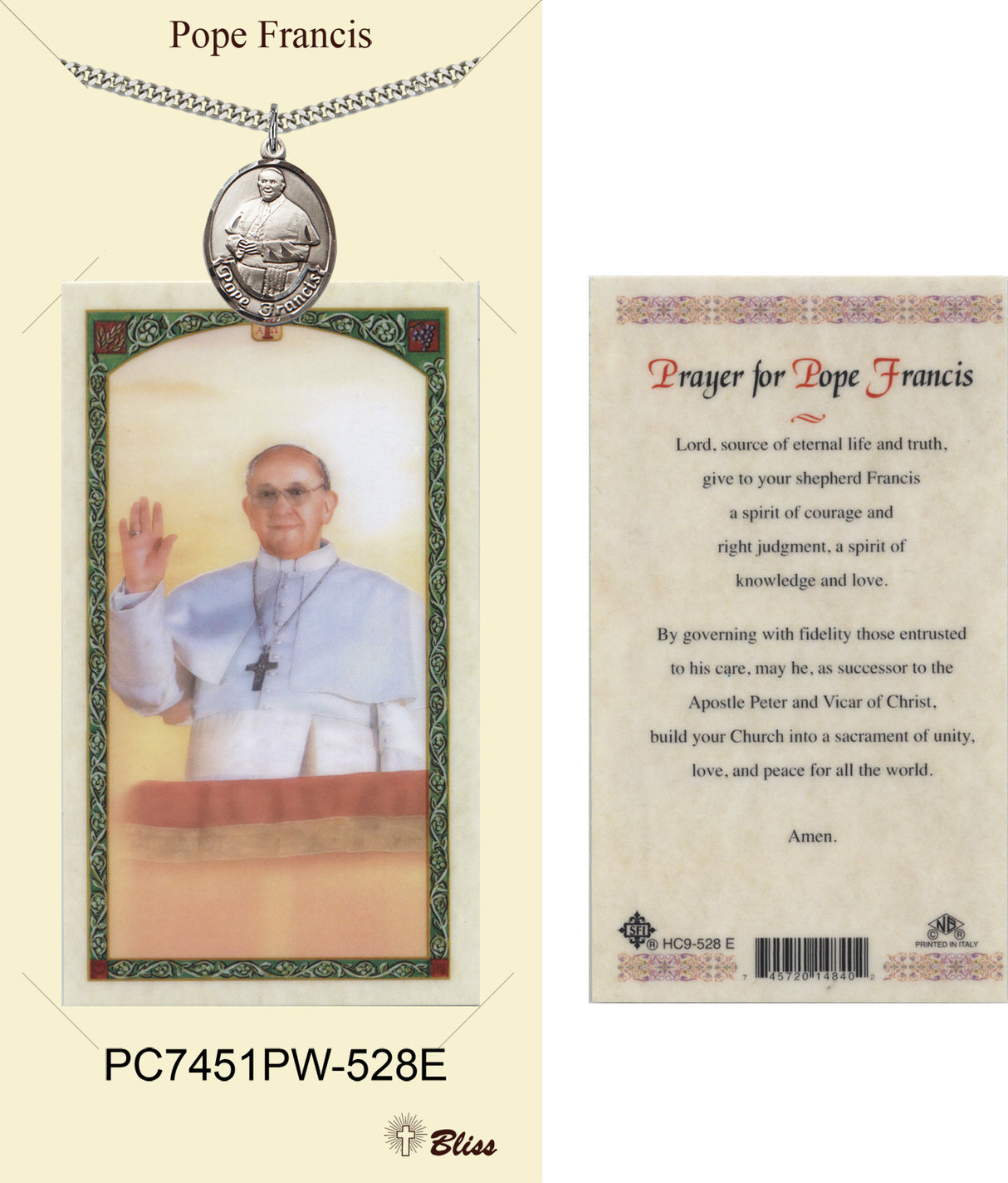 Oval Pope Francis Pewter Pendant w. Prayer Card for Women