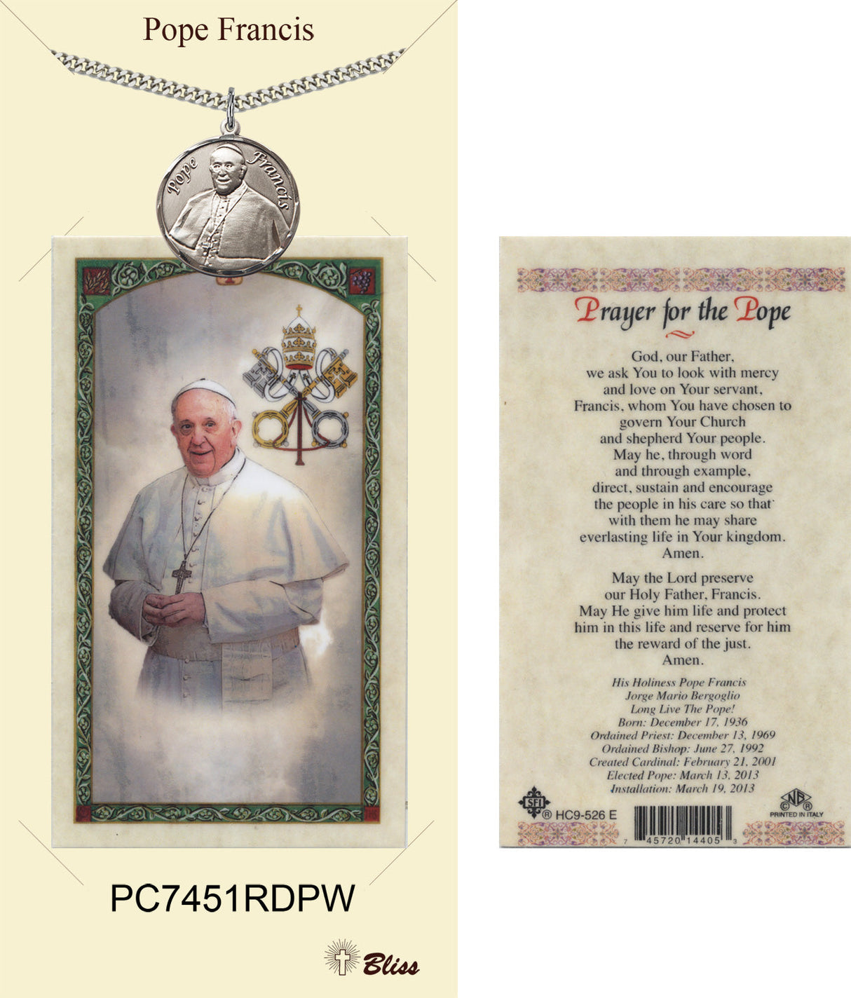 Round Pope Francis Pewter Pendant w. Prayer Card for Men