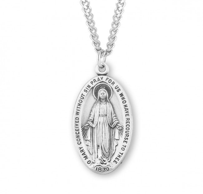 Silver Oval Miraculous Medal 1830 Necklace for Men