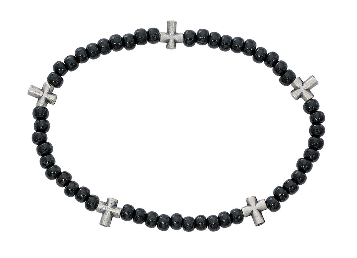Stretch Rosary Bracelet with Alternating Cross and 5mm Black Wood Beads 8' for Women